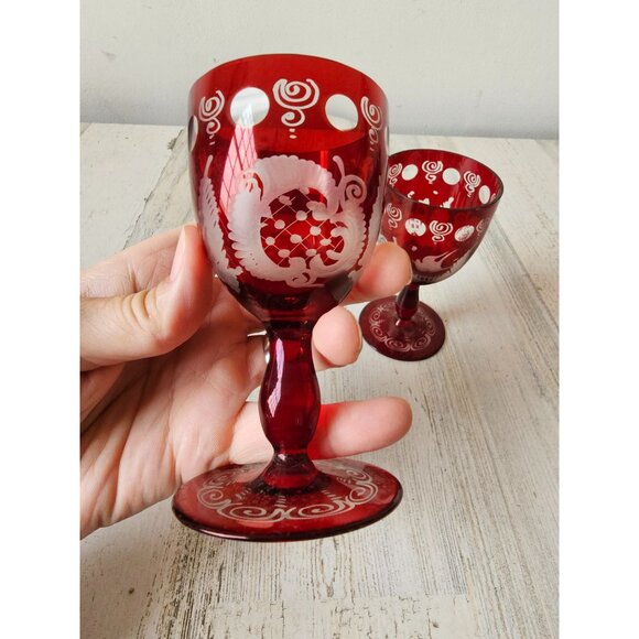 Egermann mini wine champagne Bohemian red glass cut bird cranberry ruby - Picture 5 of 7